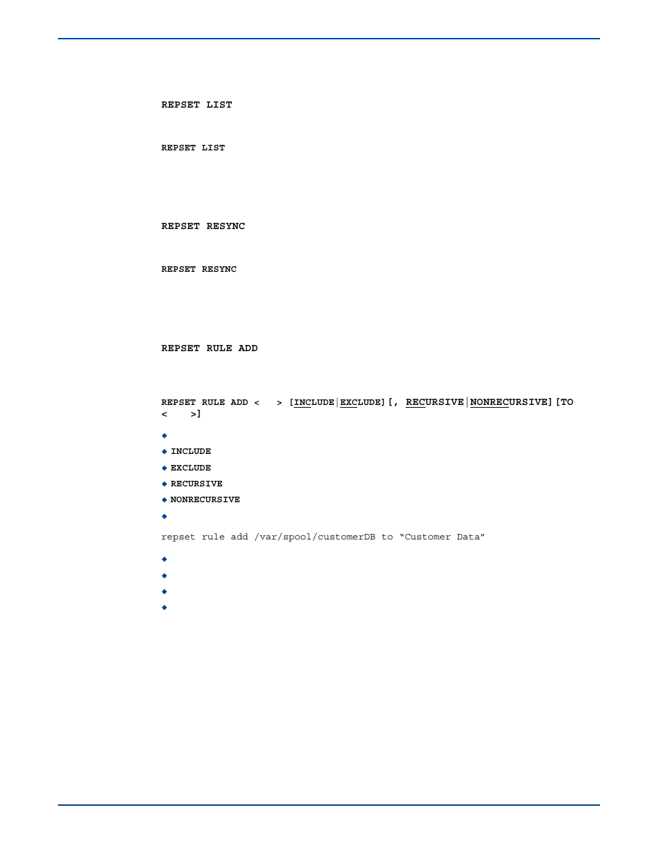 Repset list, Repset resync, Repset rule add | Repset list repset resync repset rule add | HP Storage Mirroring V5 Software User Manual | Page 260 / 285