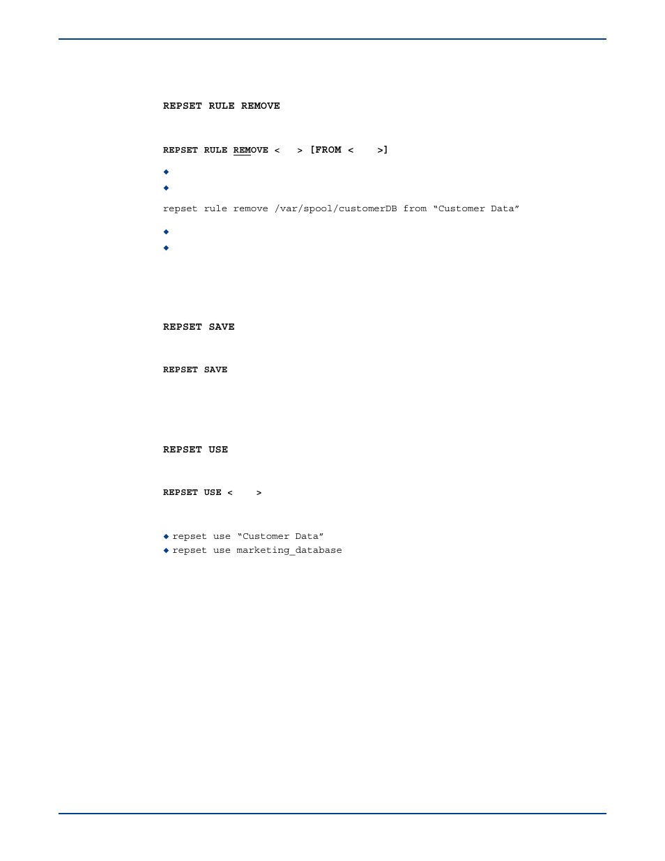 Repset rule remove, Repset save, Repset use | Repset rule remove repset save repset use | HP Storage Mirroring V5 Software User Manual | Page 261 / 285