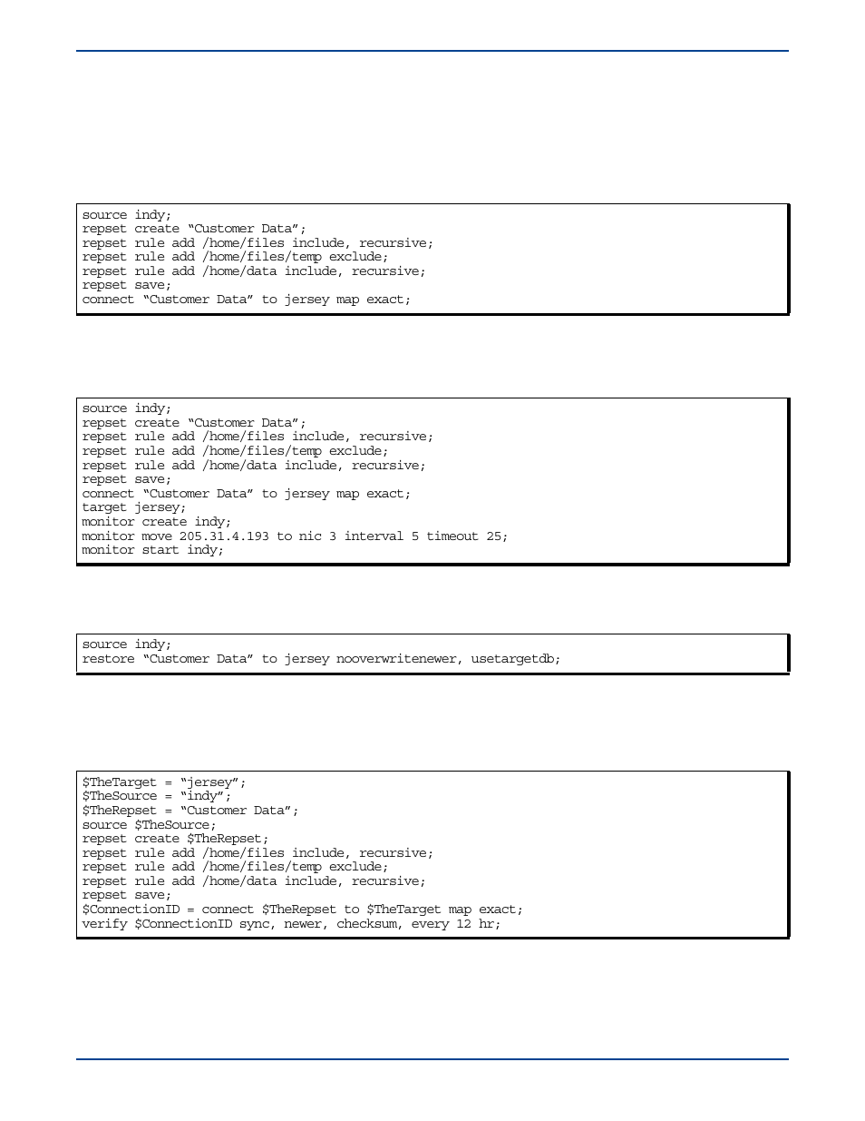 Dtcl scripting examples, Basic getting started script, Basic getting started script with failover | Basic restore script, Basic getting started script with variables | HP Storage Mirroring V5 Software User Manual | Page 279 / 285