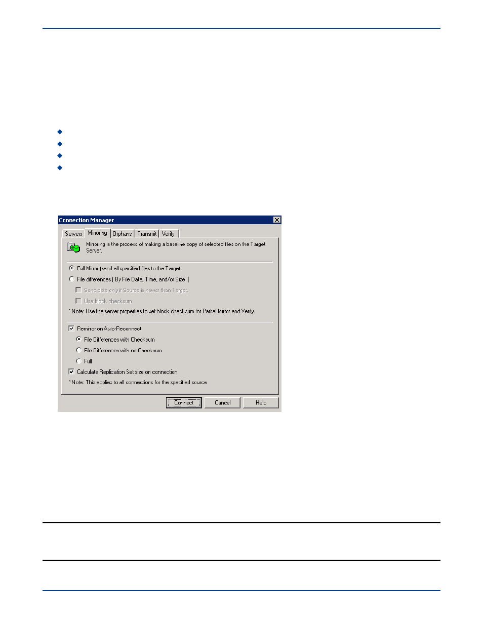 Managing mirroring using the management console, Initiating a mirror upon connection, Managing mirroring using the management console -6 | Initiating a mirror upon connection -6 | HP Storage Mirroring V5 Software User Manual | Page 84 / 285