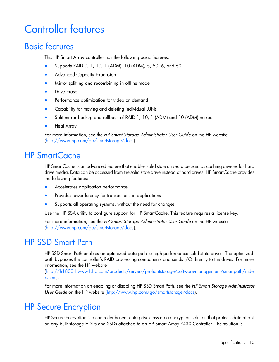 Controller features, Basic features, Hp smartcache | Hp ssd smart path, Hp secure encryption | HP Smart Array P430 Controller User Manual | Page 10 / 46