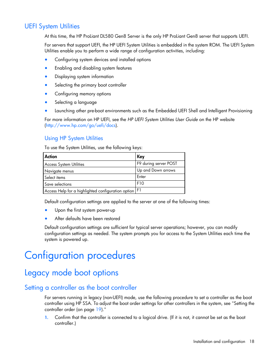 Uefi system utilities, Using hp system utilities, Configuration procedures | Legacy mode boot options, Setting a controller as the boot controller | HP Smart Array P430 Controller User Manual | Page 18 / 46