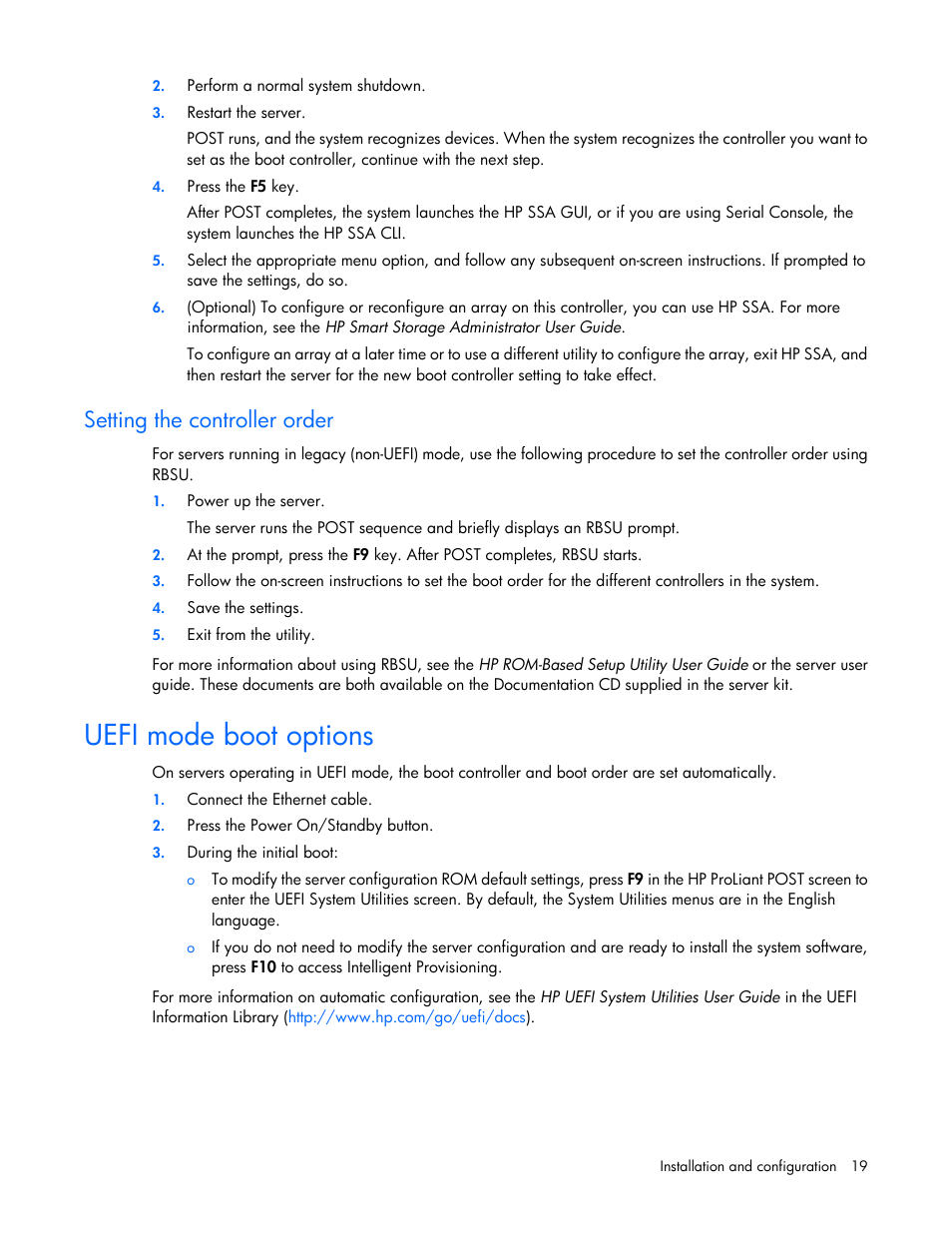 Setting the controller order, Uefi mode boot options | HP Smart Array P430 Controller User Manual | Page 19 / 46