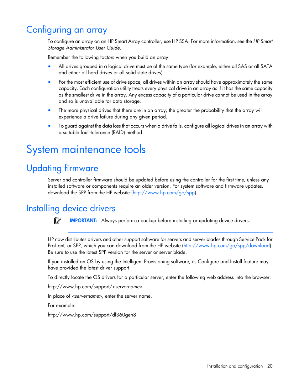Configuring an array, System maintenance tools, Updating firmware | Installing device drivers, Updating, Firmware | HP Smart Array P430 Controller User Manual | Page 20 / 46