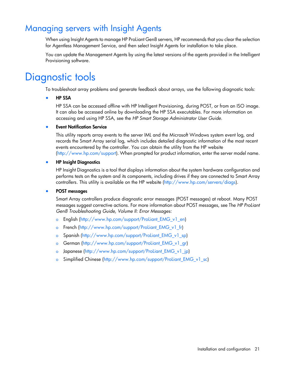 Managing servers with insight agents, Diagnostic tools | HP Smart Array P430 Controller User Manual | Page 21 / 46