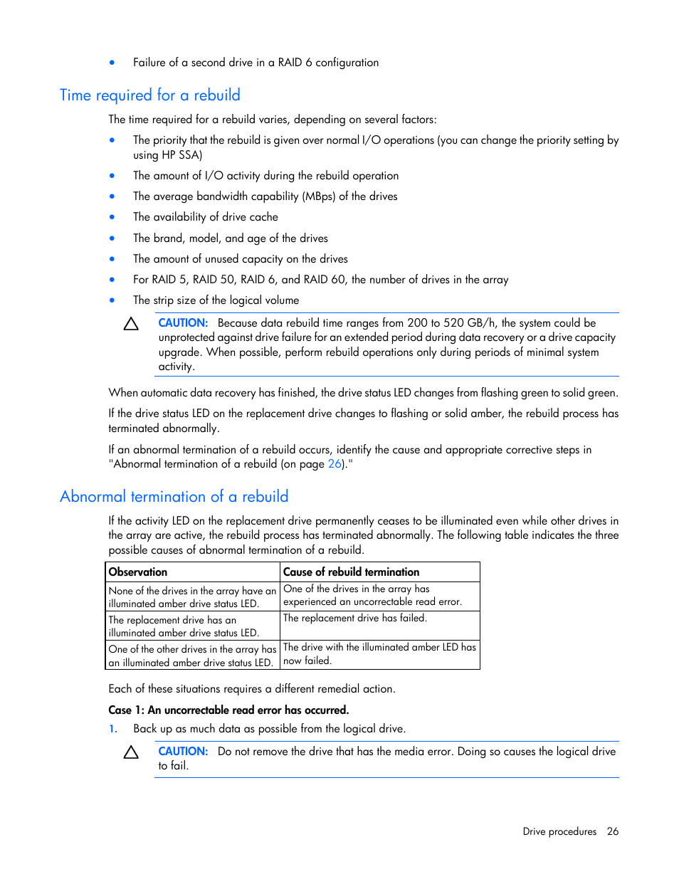 Time required for a rebuild, Abnormal termination of a rebuild | HP Smart Array P430 Controller User Manual | Page 26 / 46