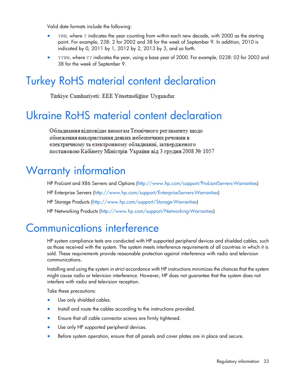 Turkey rohs material content declaration, Ukraine rohs material content declaration, Warranty information | Communications interference | HP Smart Array P430 Controller User Manual | Page 33 / 46