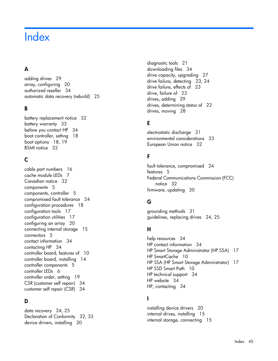 Index | HP Smart Array P430 Controller User Manual | Page 45 / 46