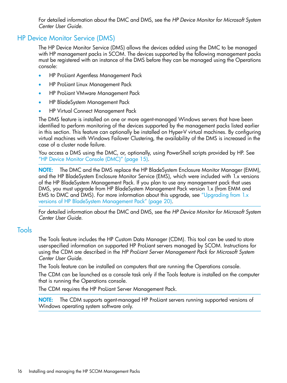 Hp device monitor service (dms), Tools, Hp device monitor service (dms) tools | HP OneView for Microsoft System Center User Manual | Page 16 / 27