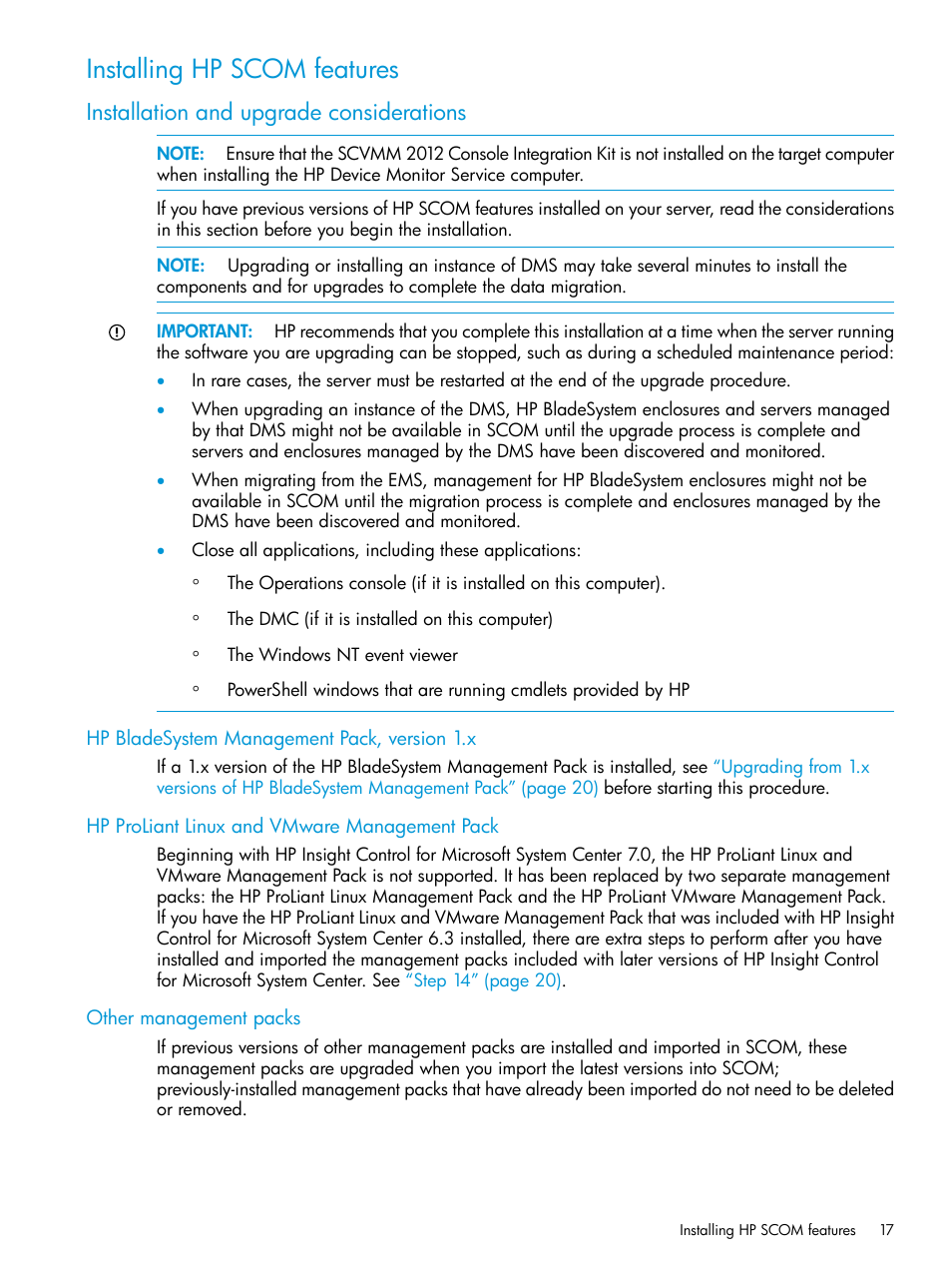 Installing hp scom features, Installation and upgrade considerations, Hp bladesystem management pack, version 1.x | Hp proliant linux and vmware management pack, Other management packs | HP OneView for Microsoft System Center User Manual | Page 17 / 27