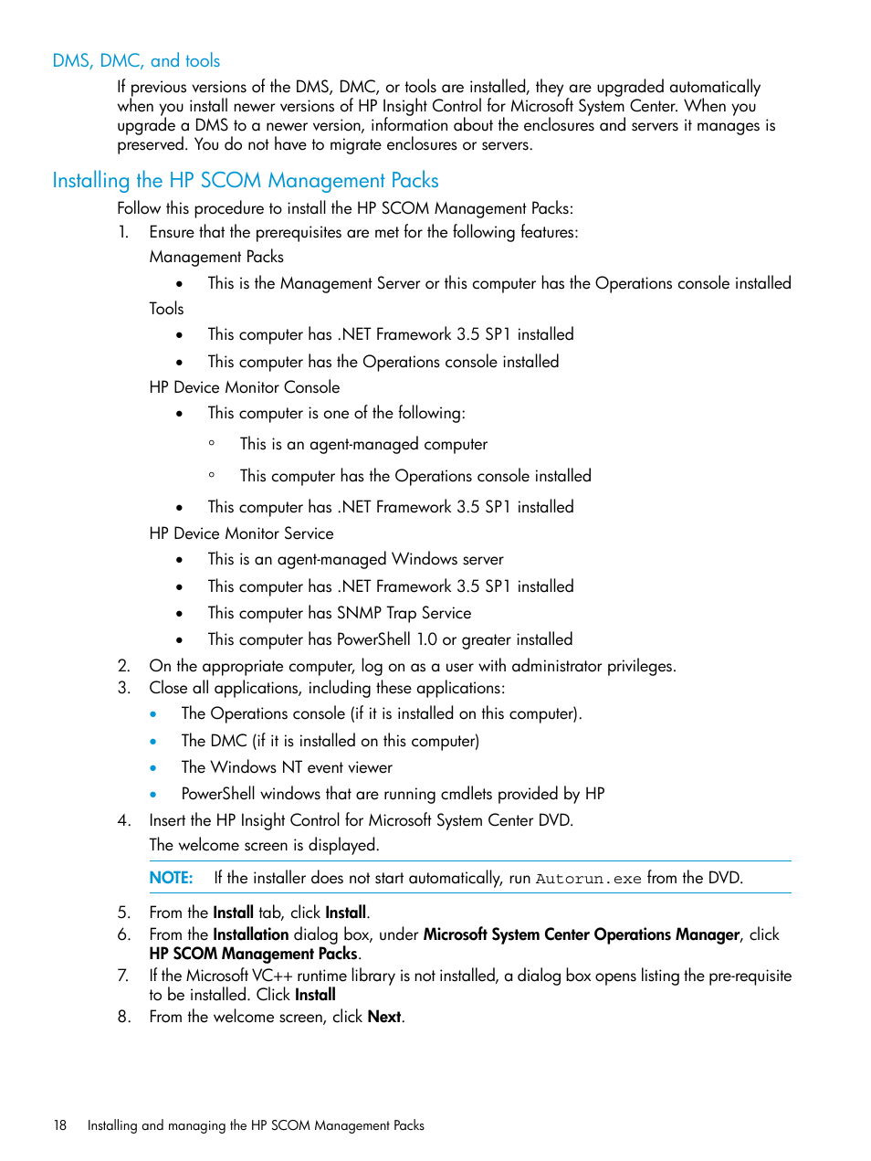 Dms, dmc, and tools, Installing the hp scom management packs | HP OneView for Microsoft System Center User Manual | Page 18 / 27