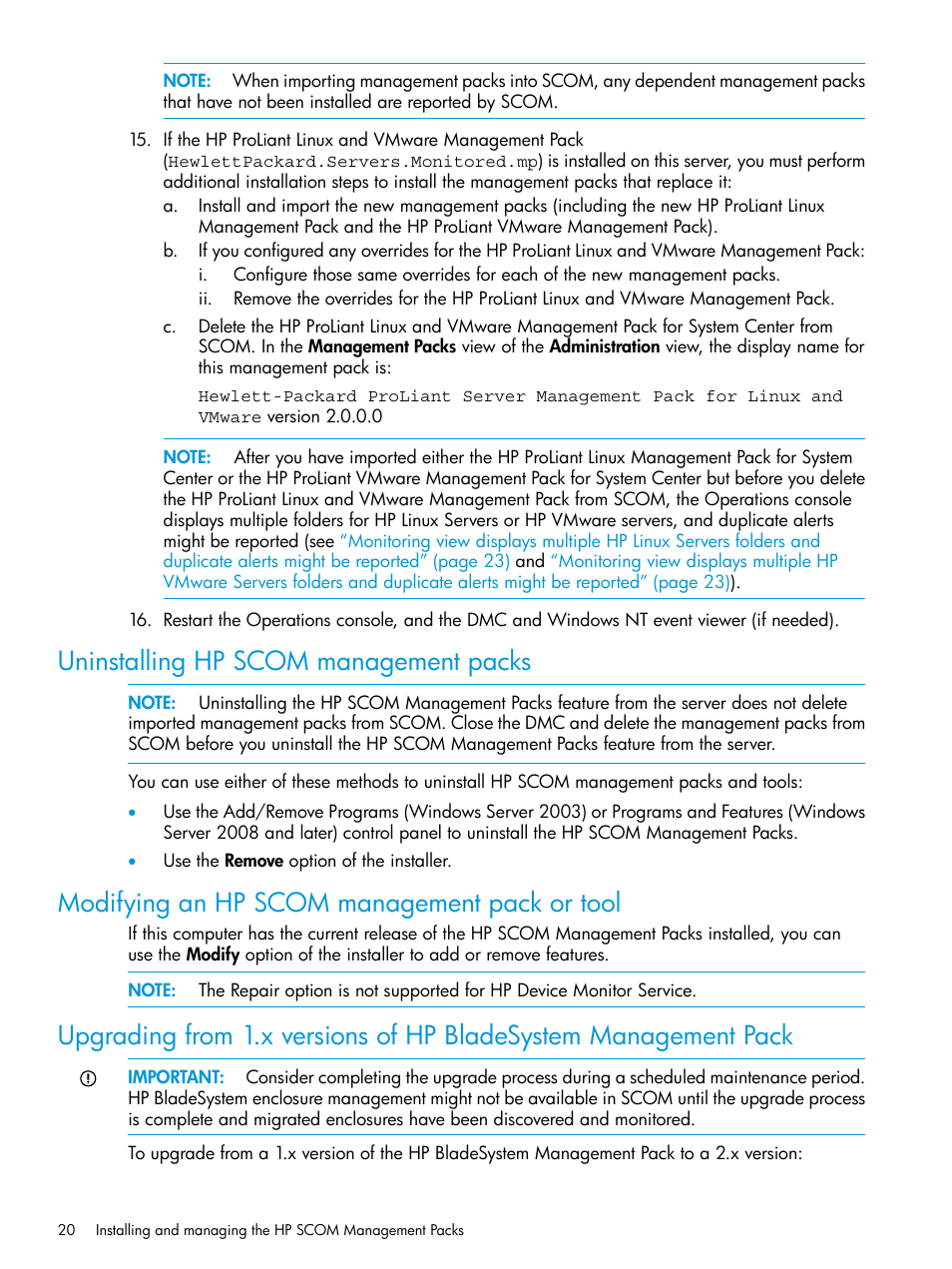 Uninstalling hp scom management packs, Modifying an hp scom management pack or tool, Upgrading from 1.x | HP OneView for Microsoft System Center User Manual | Page 20 / 27