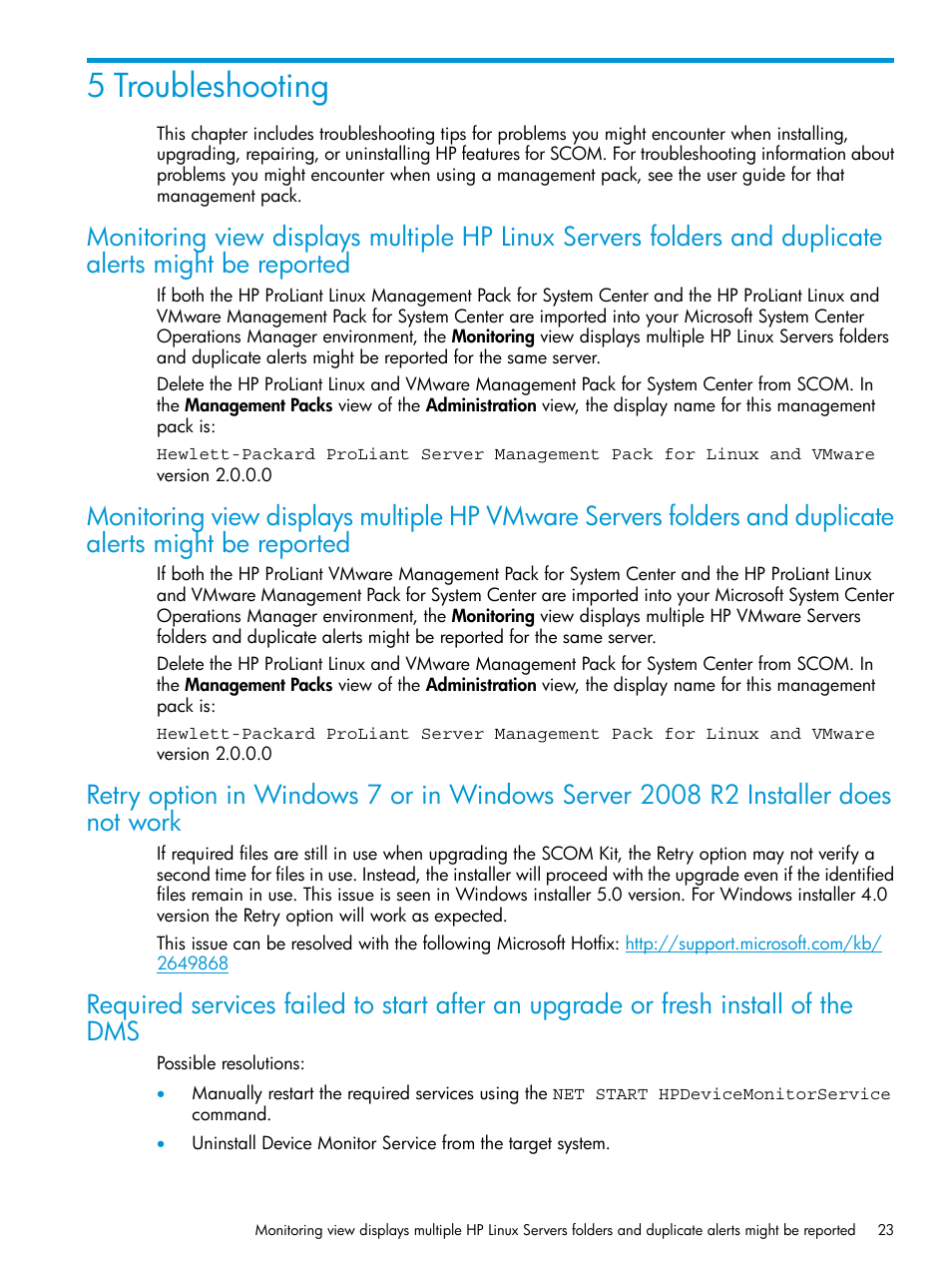 5 troubleshooting, Monitoring view displays multiple hp | HP OneView for Microsoft System Center User Manual | Page 23 / 27