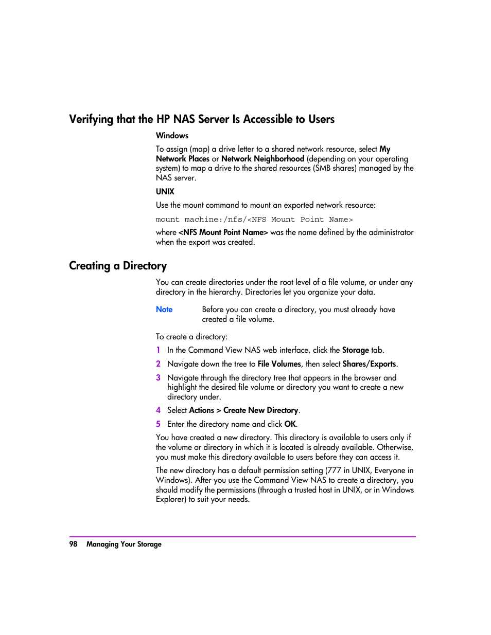 Creating a directory | HP StorageWorks 8000 NAS User Manual | Page 100 / 240