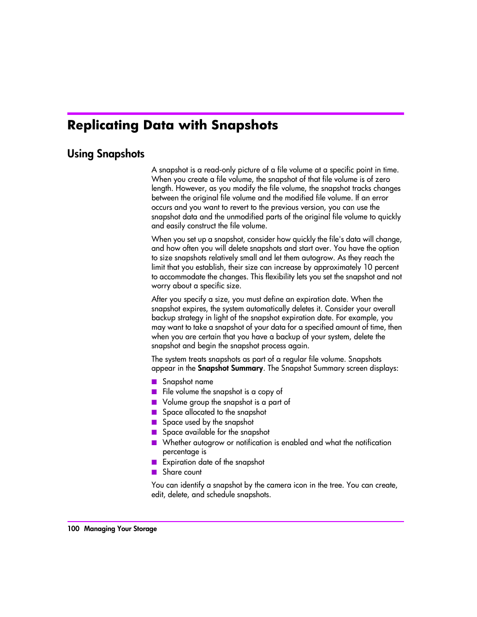Replicating data with snapshots, Using snapshots, Replicating data with snapshots 100 | Using snapshots 100 | HP StorageWorks 8000 NAS User Manual | Page 102 / 240