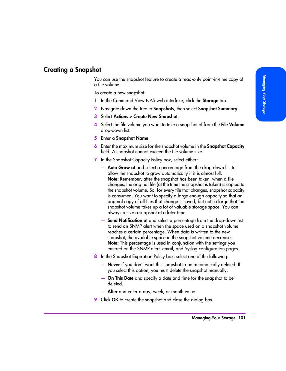 Creating a snapshot, Creating a snapshot 101 | HP StorageWorks 8000 NAS User Manual | Page 103 / 240