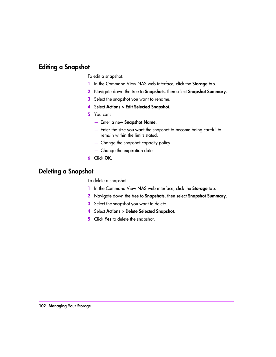 Editing a snapshot, Deleting a snapshot, Editing a snapshot 102 deleting a snapshot 102 | HP StorageWorks 8000 NAS User Manual | Page 104 / 240