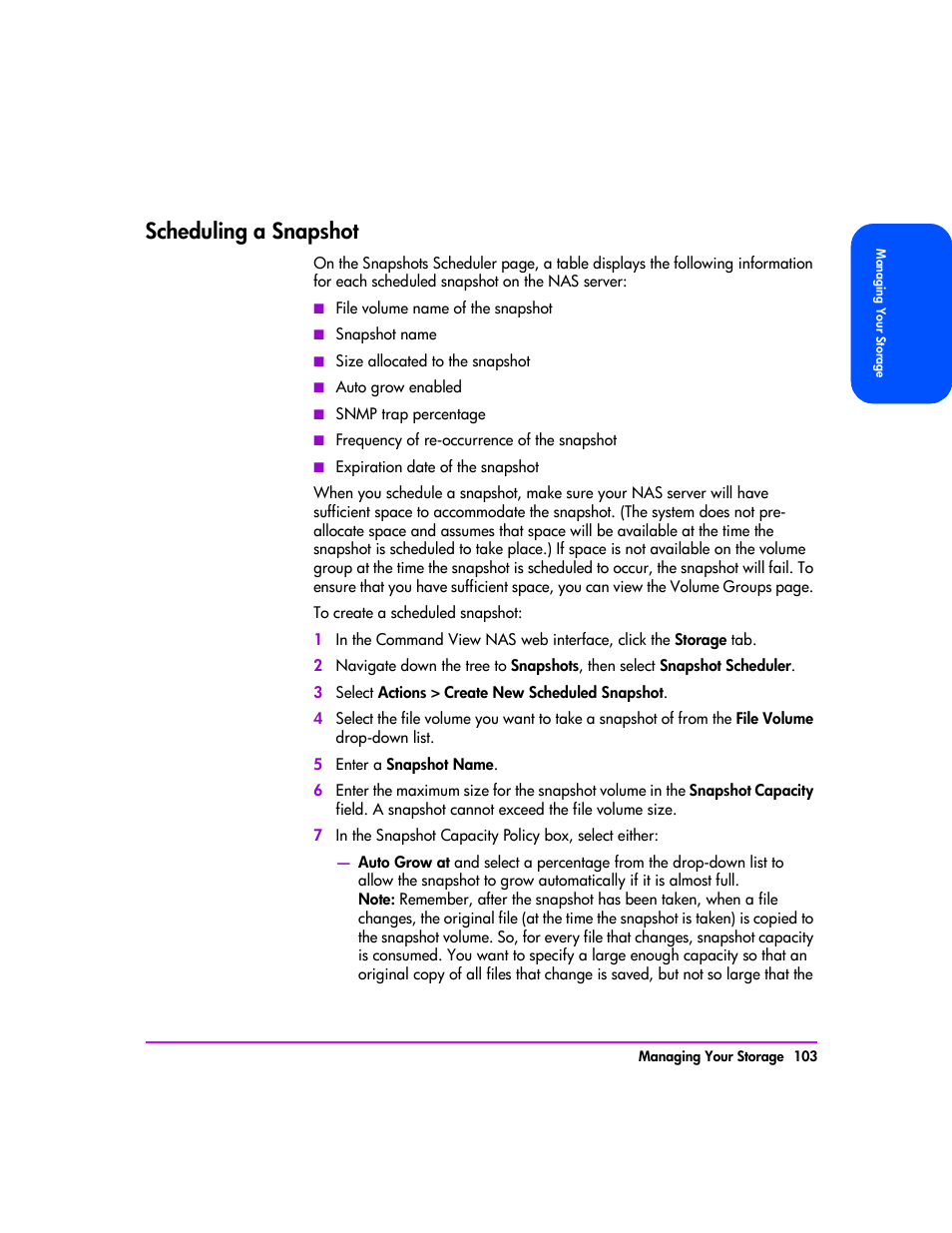 Scheduling a snapshot, Scheduling a snapshot 103 | HP StorageWorks 8000 NAS User Manual | Page 105 / 240