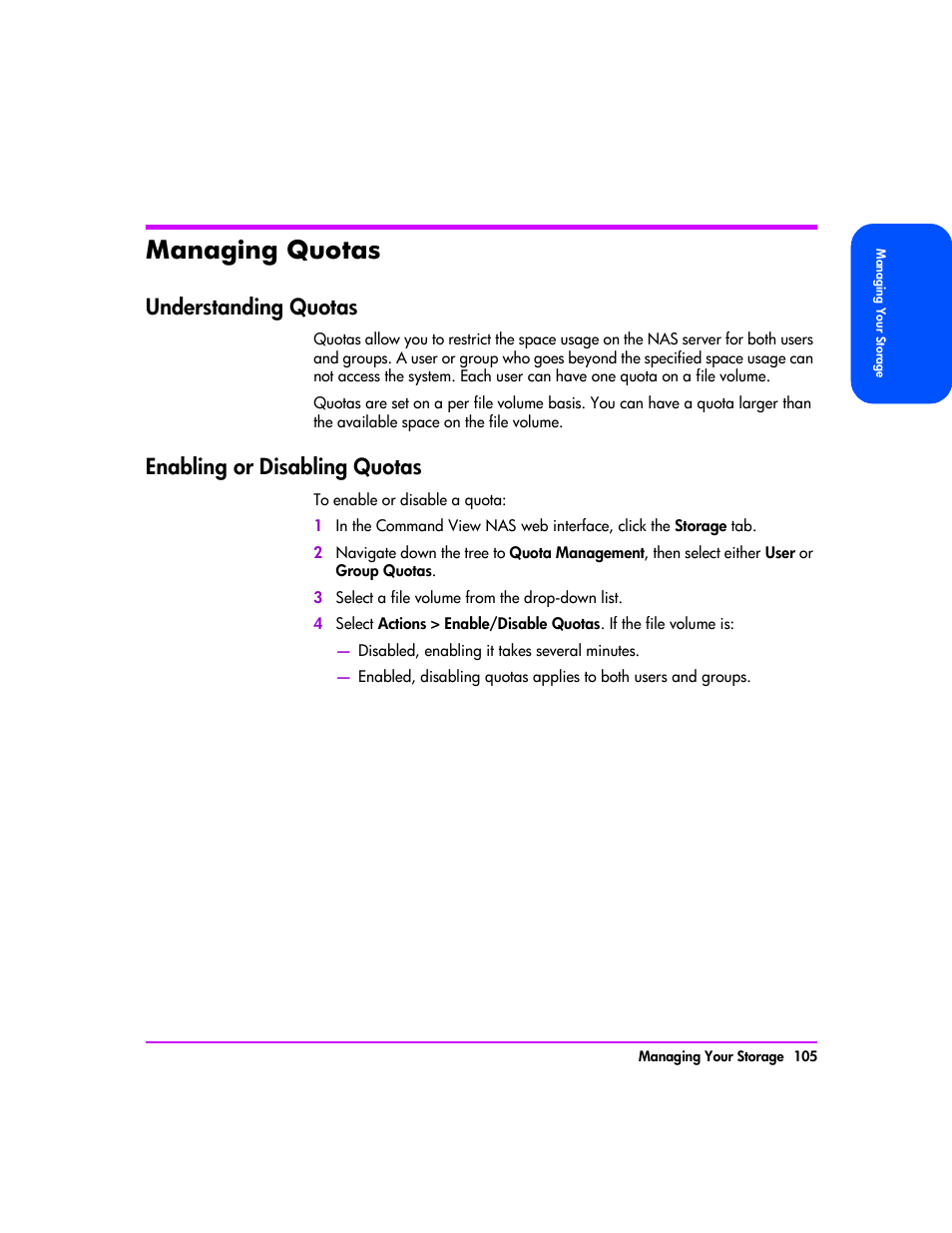 Managing quotas, Understanding quotas, Enabling or disabling quotas | Managing quotas 105, Understanding quotas 105, Enabling or disabling quotas 105 | HP StorageWorks 8000 NAS User Manual | Page 107 / 240