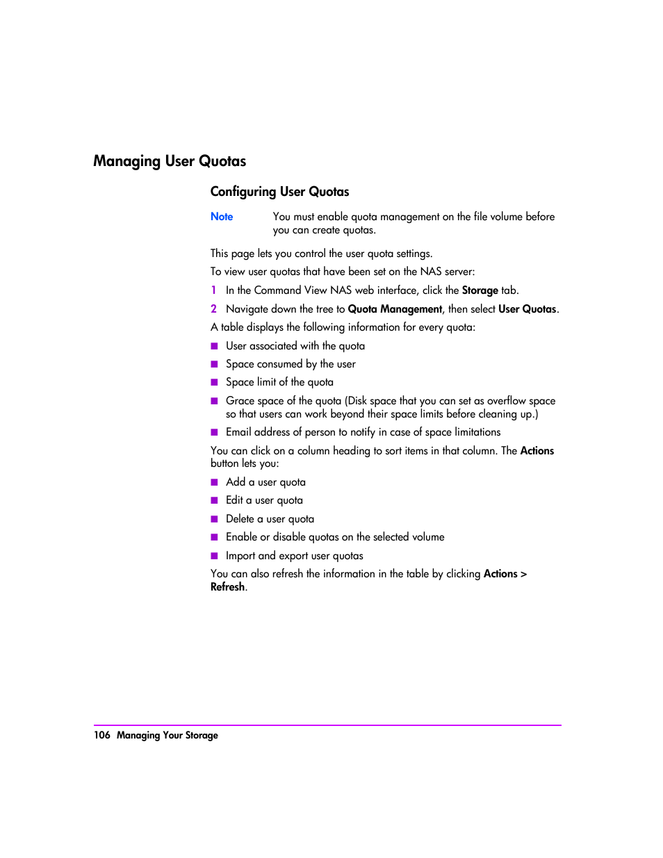 Managing user quotas, Managing user quotas 106, Configuring user quotas 106 | HP StorageWorks 8000 NAS User Manual | Page 108 / 240