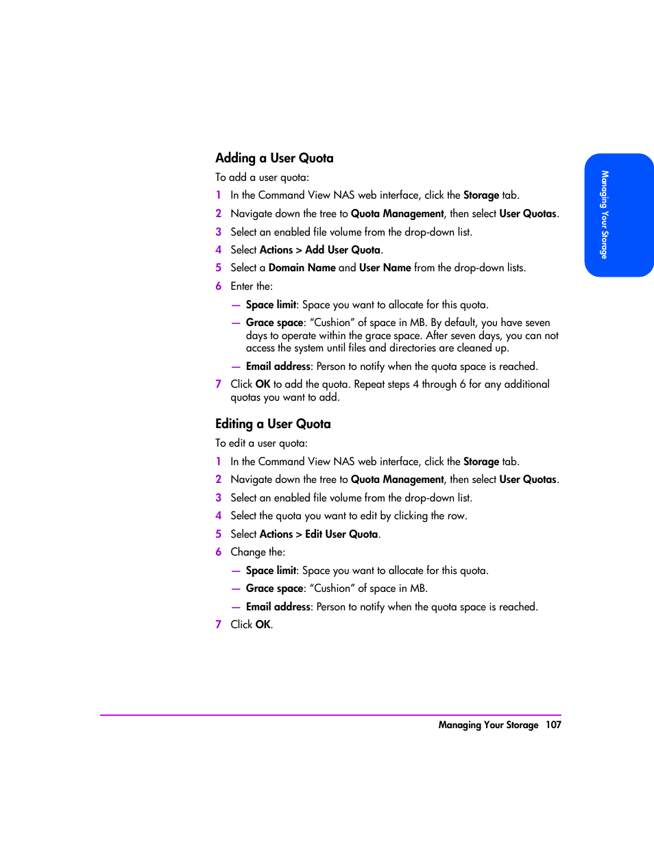 Adding a user quota 107, Editing a user quota 107 | HP StorageWorks 8000 NAS User Manual | Page 109 / 240