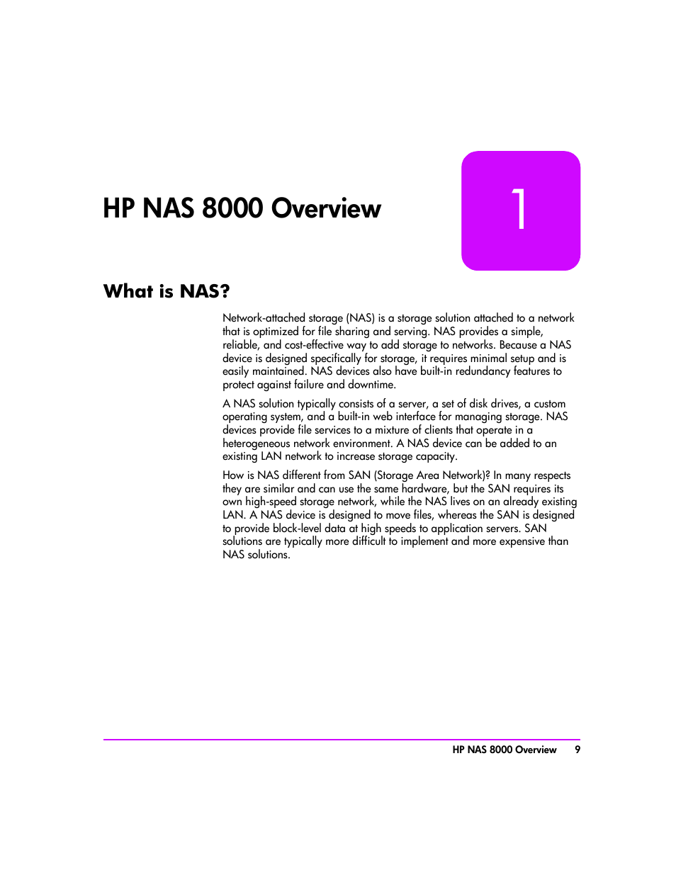 Hp nas 8000 overview, What is nas, Hp nas 8000 overview 9 | What is nas? 9 | HP StorageWorks 8000 NAS User Manual | Page 11 / 240