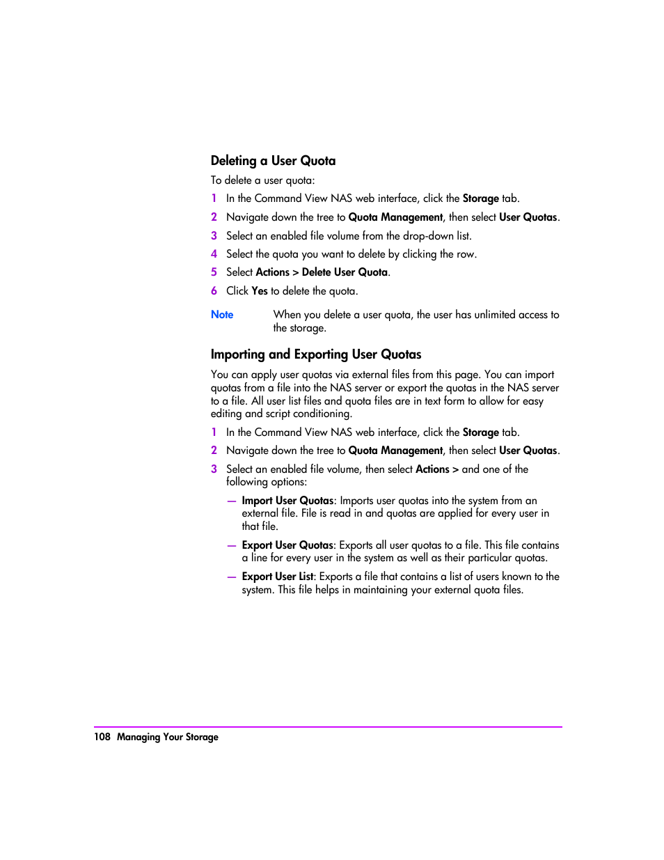 Deleting a user quota 108, Importing and exporting user quotas 108 | HP StorageWorks 8000 NAS User Manual | Page 110 / 240