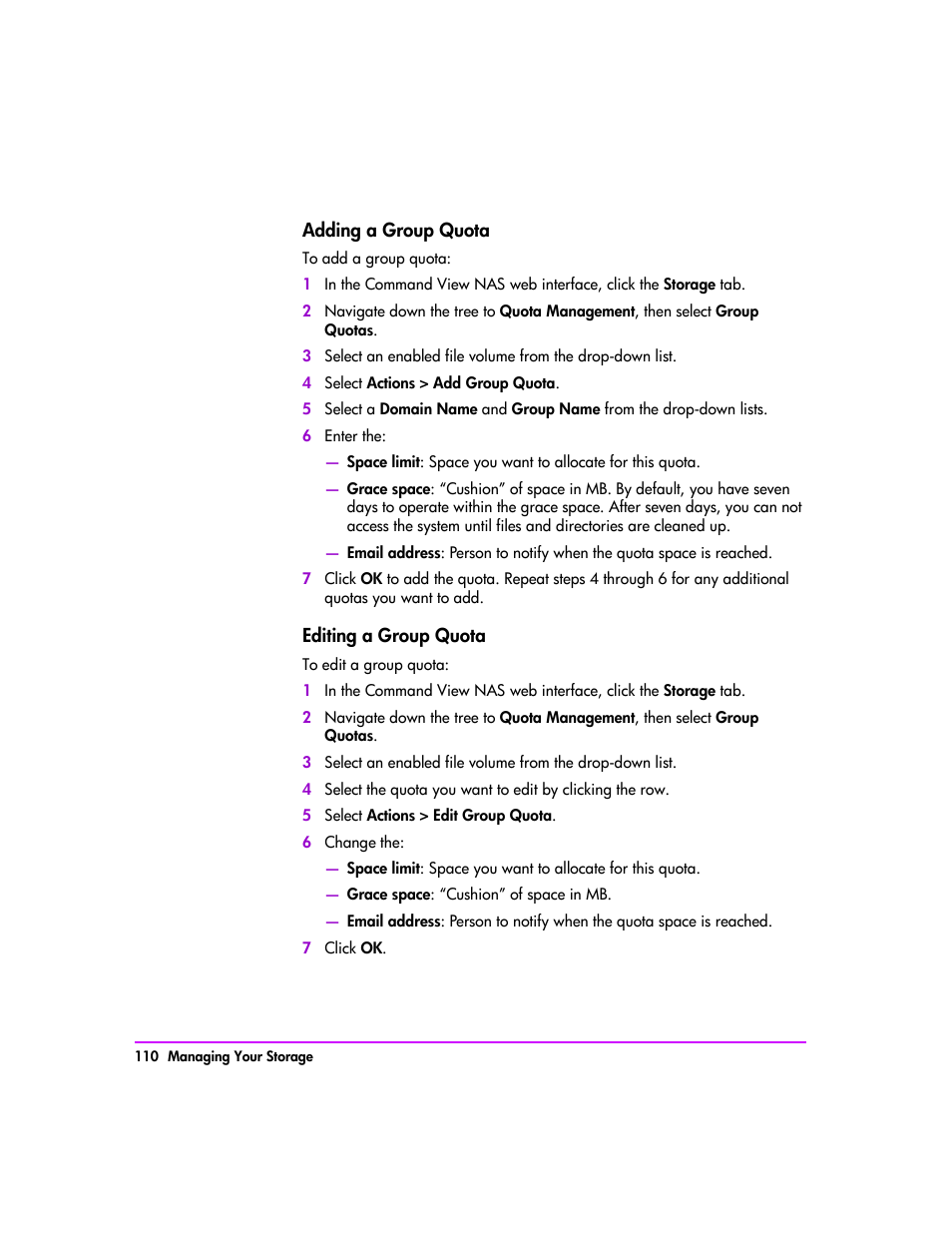 Adding a group quota 110, Editing a group quota 110 | HP StorageWorks 8000 NAS User Manual | Page 112 / 240