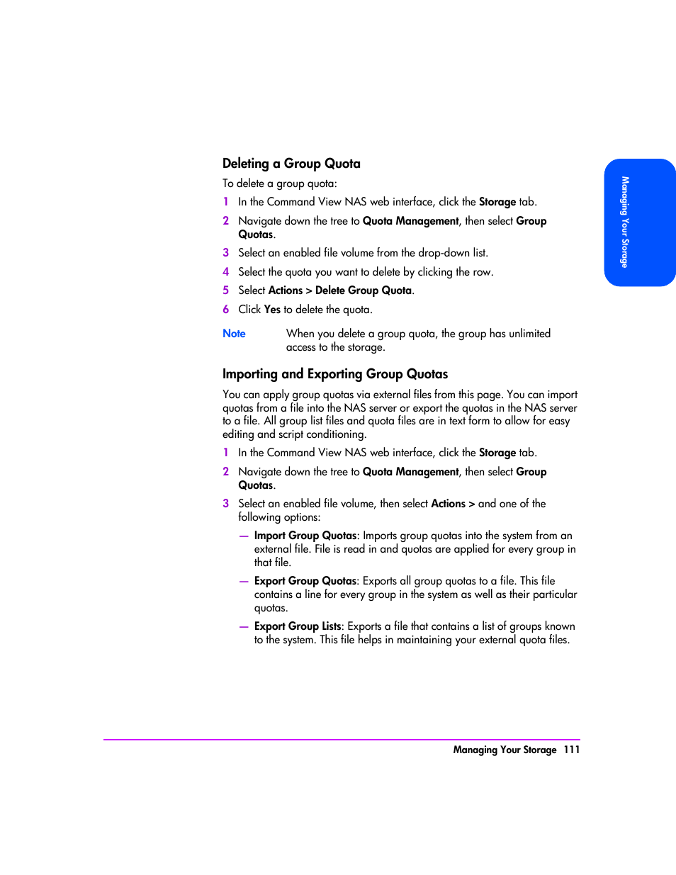 Deleting a group quota 111, Importing and exporting group quotas 111 | HP StorageWorks 8000 NAS User Manual | Page 113 / 240