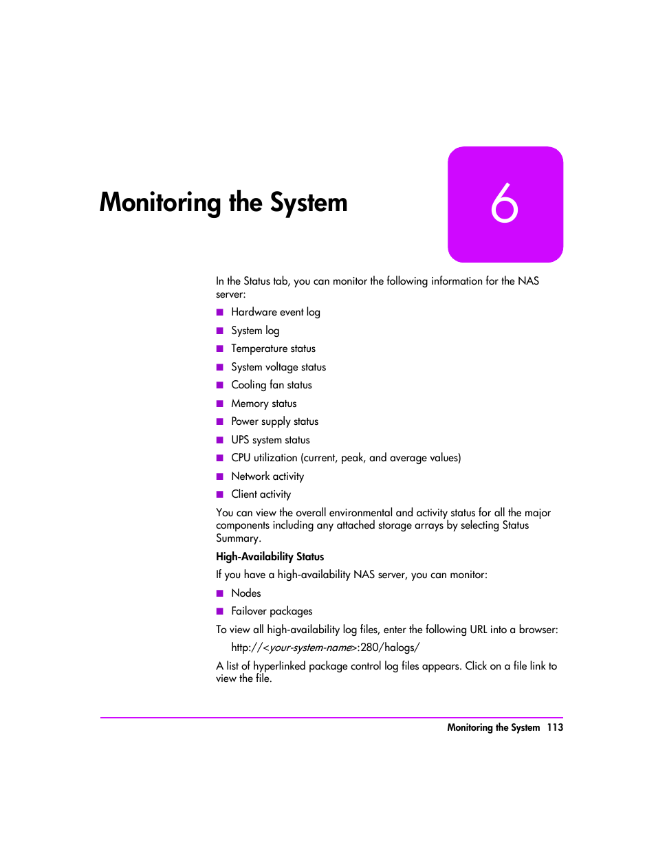 Monitoring the system, Monitoring the system 113, Monitoring the | System, Monitoring the system) | HP StorageWorks 8000 NAS User Manual | Page 115 / 240