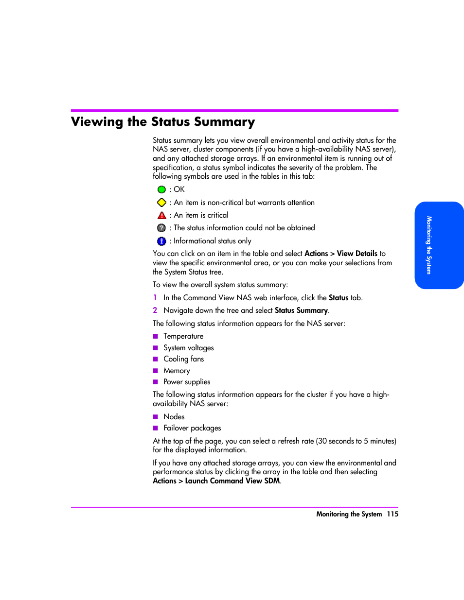 Viewing the status summary, Viewing the status summary 115 | HP StorageWorks 8000 NAS User Manual | Page 117 / 240