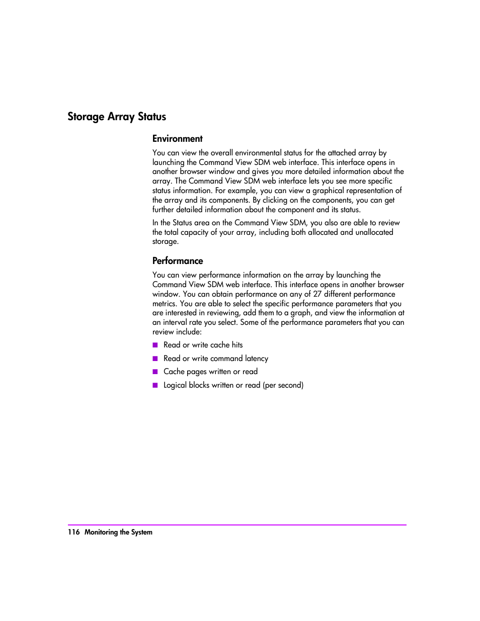 Storage array status, Storage array status 116, Environment 116 | Performance 116 | HP StorageWorks 8000 NAS User Manual | Page 118 / 240