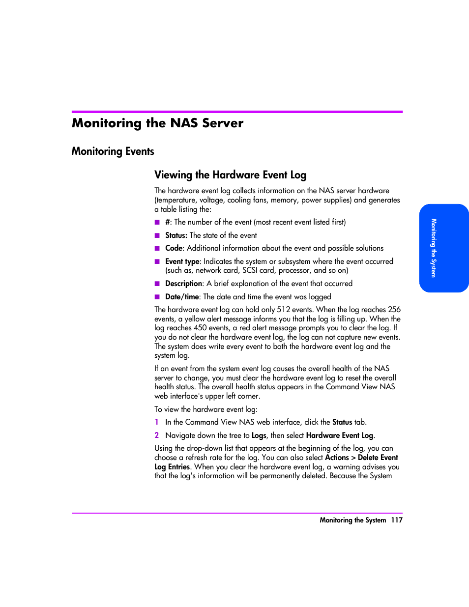 Monitoring the nas server, Monitoring events, Monitoring the nas server 117 | Monitoring events 117, Viewing the hardware event log 117, Monitoring events viewing the hardware event log | HP StorageWorks 8000 NAS User Manual | Page 119 / 240