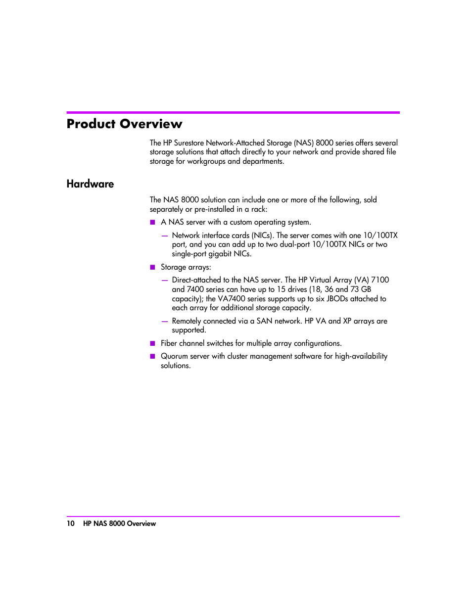 Product overview, Hardware, Product overview 10 | Hardware 10 | HP StorageWorks 8000 NAS User Manual | Page 12 / 240
