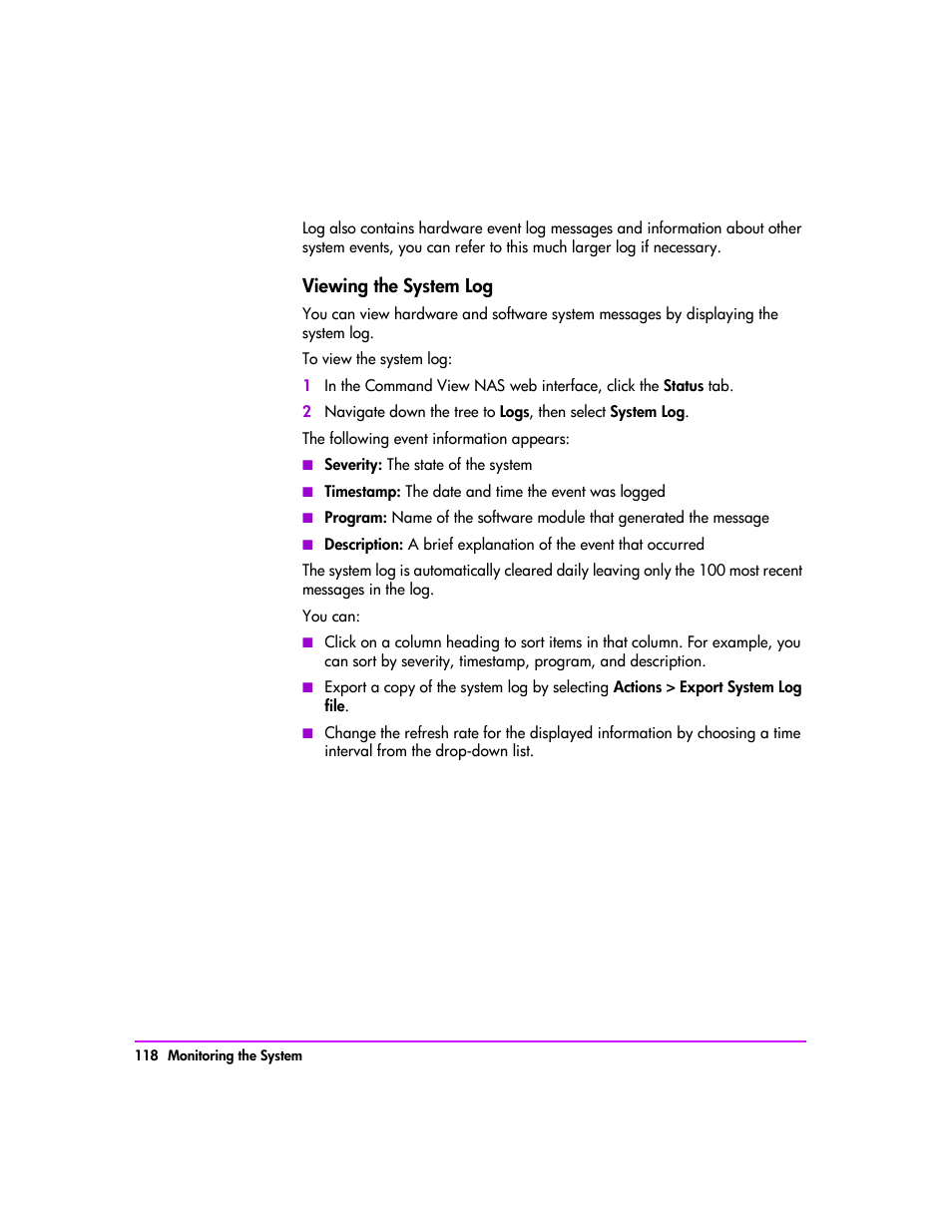 Viewing the system log 118 | HP StorageWorks 8000 NAS User Manual | Page 120 / 240