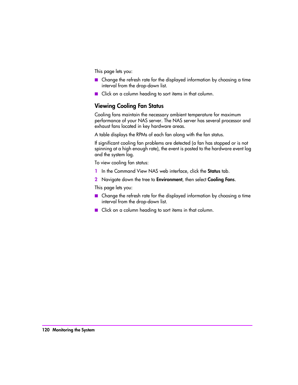 Viewing cooling fan status 120 | HP StorageWorks 8000 NAS User Manual | Page 122 / 240