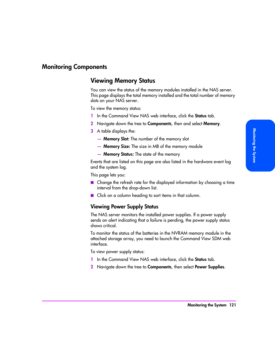 Monitoring components, Monitoring components 121, Viewing memory status 121 | Viewing power supply status 121 | HP StorageWorks 8000 NAS User Manual | Page 123 / 240