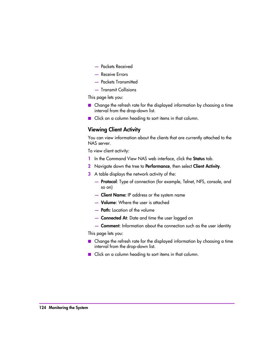 Viewing client activity 124 | HP StorageWorks 8000 NAS User Manual | Page 126 / 240