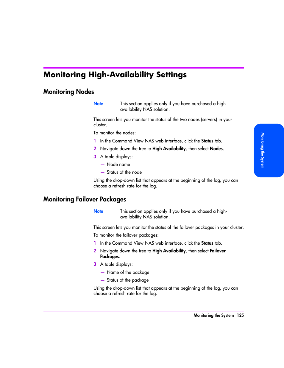 Monitoring high-availability settings, Monitoring nodes, Monitoring failover packages | Monitoring high-availability settings 125, Monitoring nodes 125, Monitoring failover packages 125 | HP StorageWorks 8000 NAS User Manual | Page 127 / 240