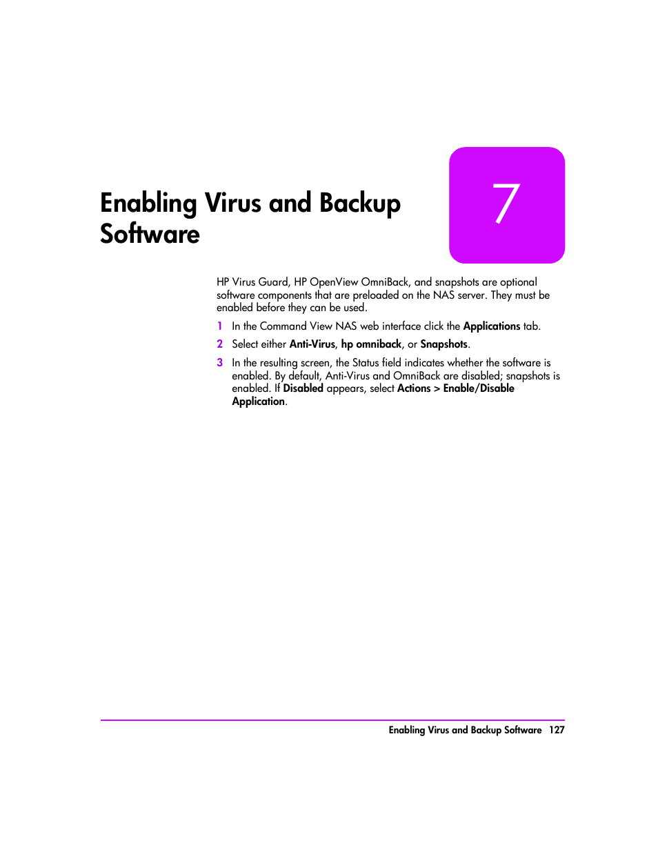 Enabling virus and backup software, Enabling virus and backup software 127, Enabling virus and | Backup software, Ter 7, enabling virus, And backup software) | HP StorageWorks 8000 NAS User Manual | Page 129 / 240