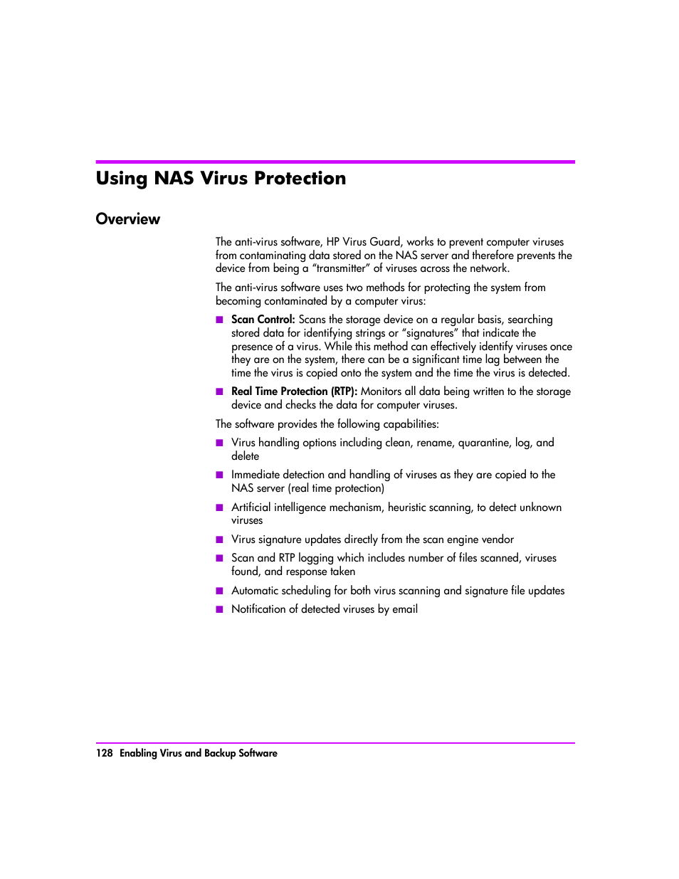 Using nas virus protection, Overview, Using nas virus protection 128 | Overview 128 | HP StorageWorks 8000 NAS User Manual | Page 130 / 240