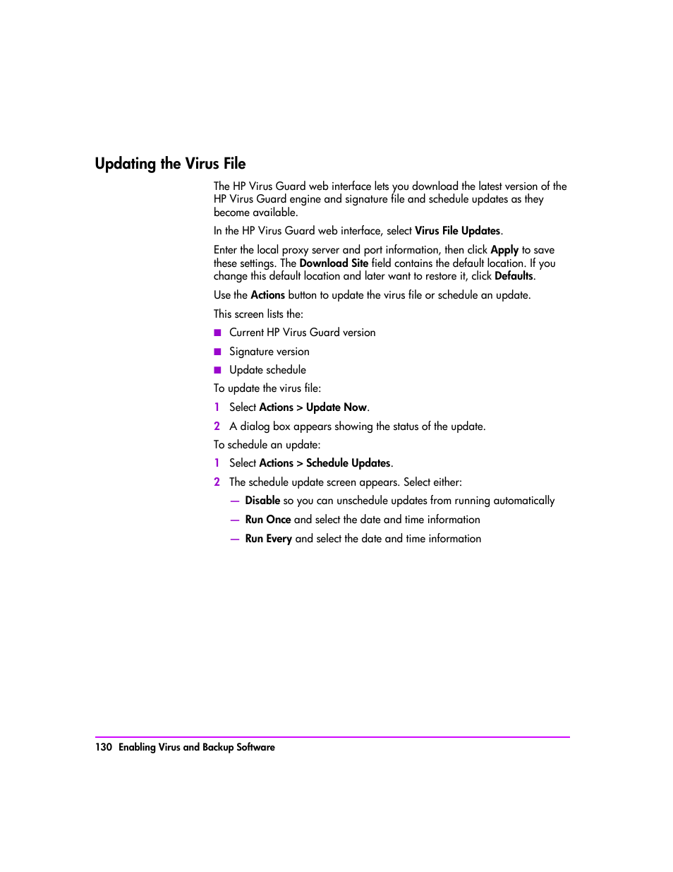 Updating the virus file, Updating the virus file 130 | HP StorageWorks 8000 NAS User Manual | Page 132 / 240