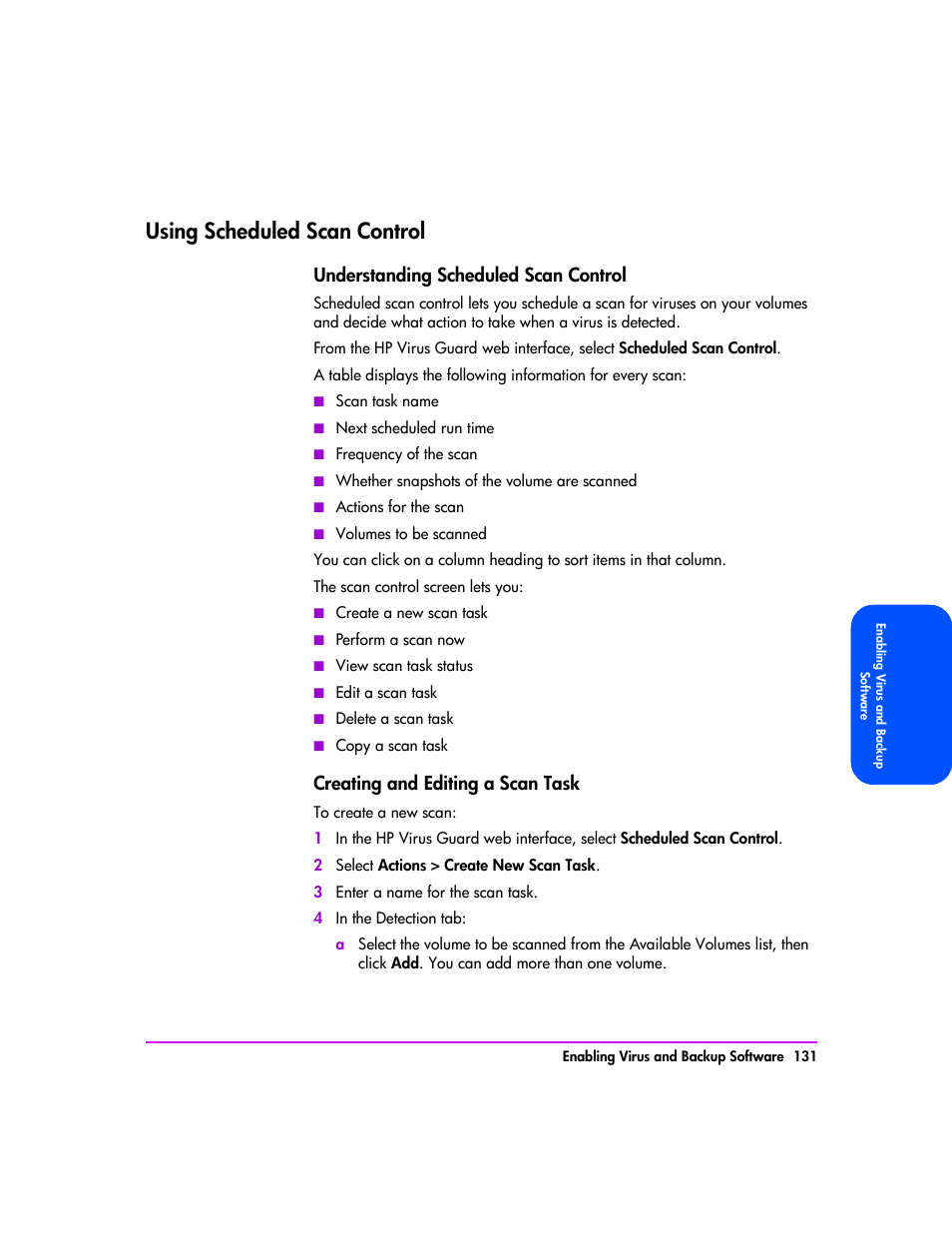 Using scheduled scan control, Using scheduled scan control 131, Understanding scheduled scan control 131 | Creating and editing a scan task 131, Understanding scheduled scan control, Creating and editing a scan task | HP StorageWorks 8000 NAS User Manual | Page 133 / 240