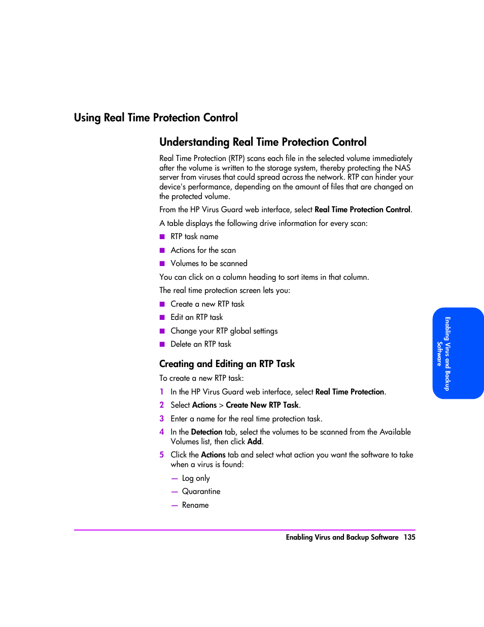 Using real time protection control, Using real time protection control 135, Understanding real time protection control 135 | Creating and editing an rtp task 135 | HP StorageWorks 8000 NAS User Manual | Page 137 / 240