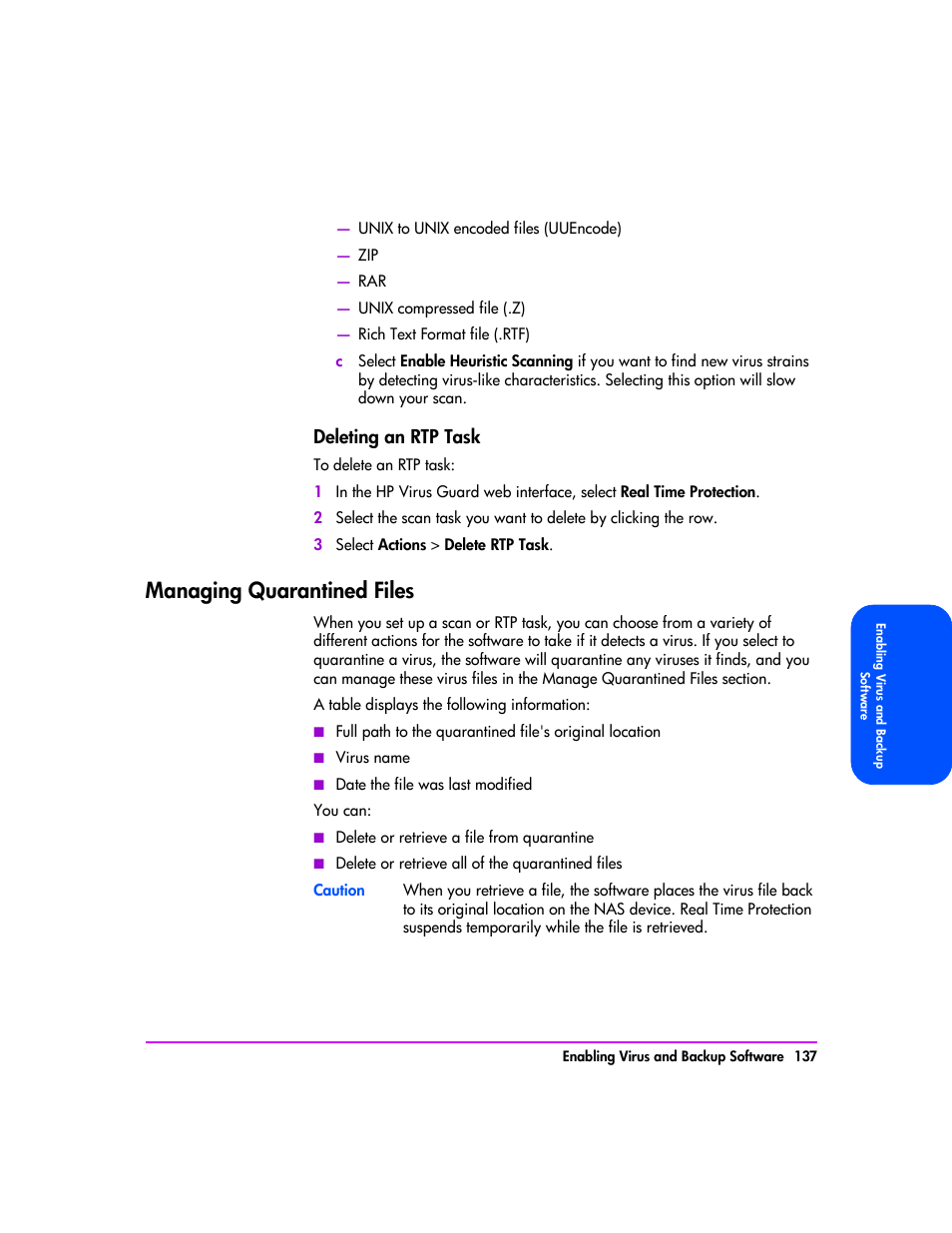 Managing quarantined files, Deleting an rtp task 137, Managing quarantined files 137 | Deleting an rtp task | HP StorageWorks 8000 NAS User Manual | Page 139 / 240