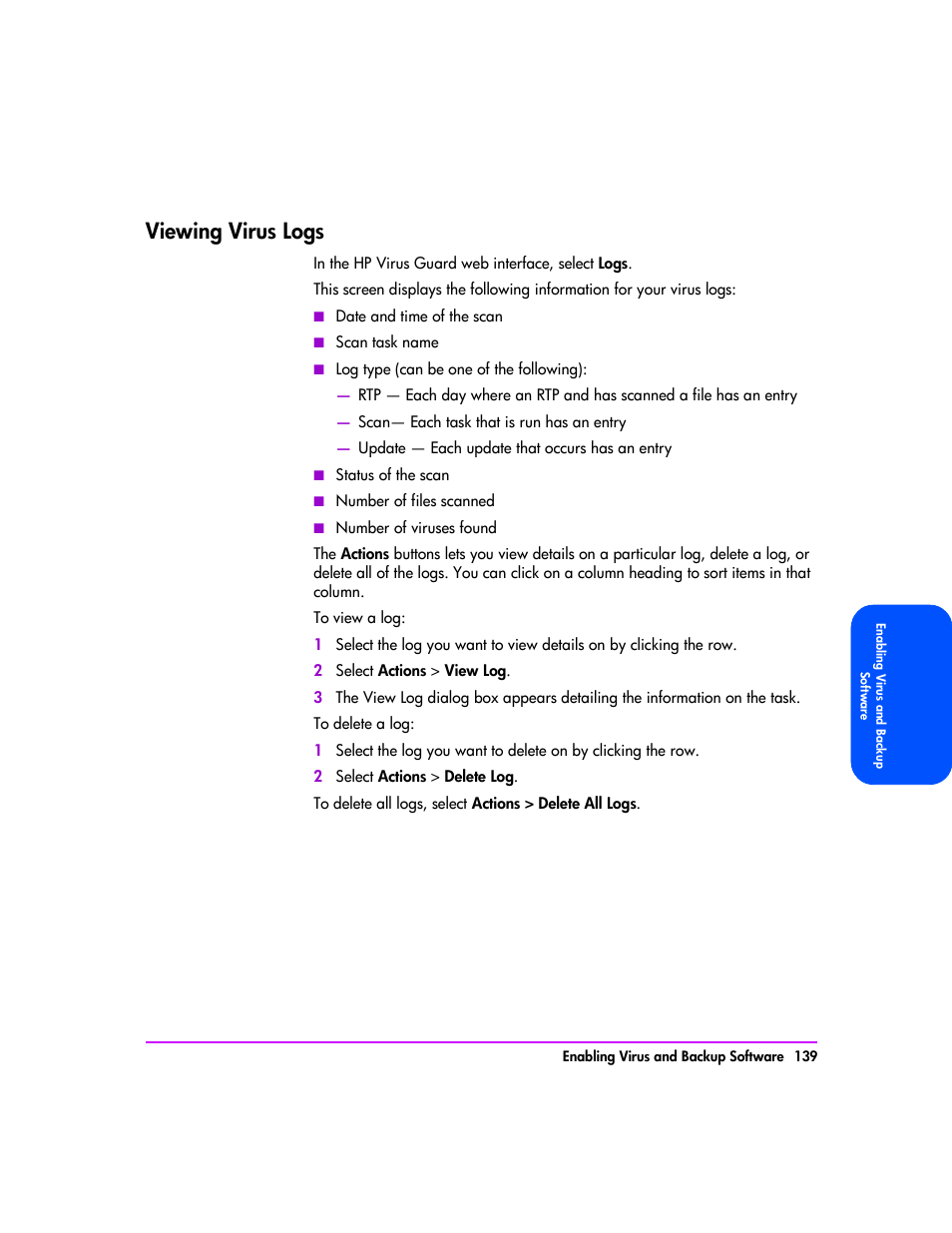 Viewing virus logs, Viewing virus logs 139 | HP StorageWorks 8000 NAS User Manual | Page 141 / 240