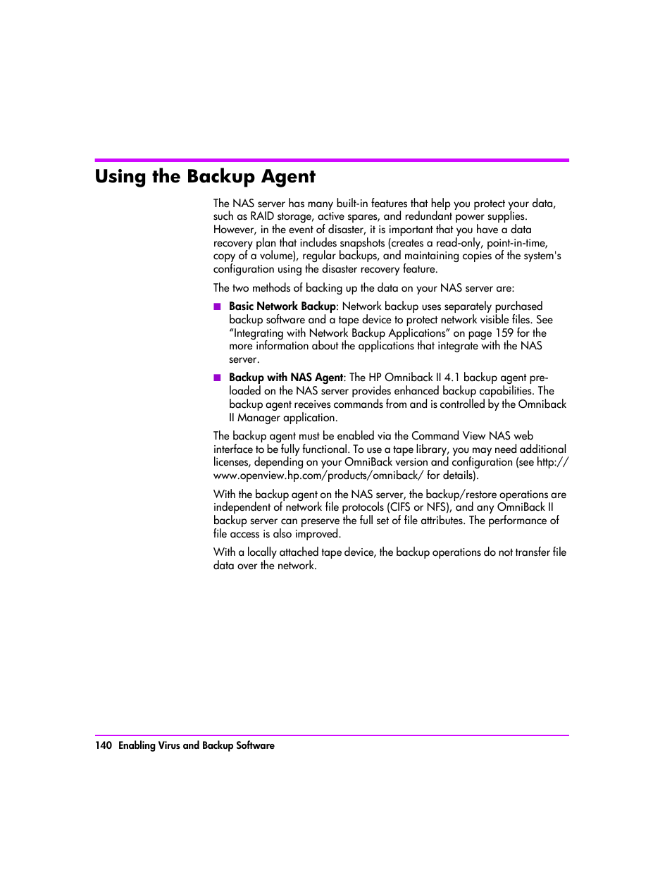 Using the backup agent, Using the backup agent 140 | HP StorageWorks 8000 NAS User Manual | Page 142 / 240