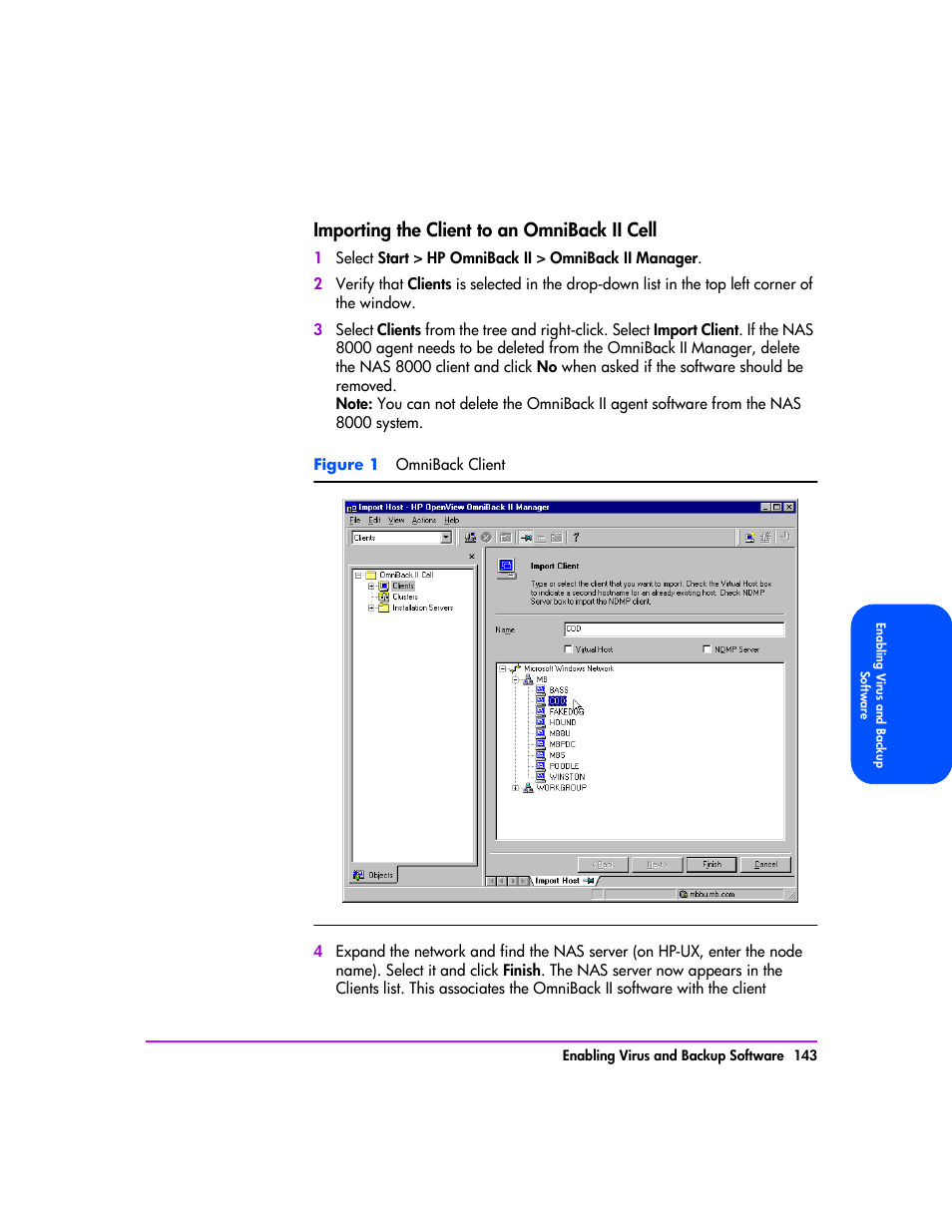 Importing the client to an omniback ii cell 143, Importing the client to an omniback ii cell | HP StorageWorks 8000 NAS User Manual | Page 145 / 240