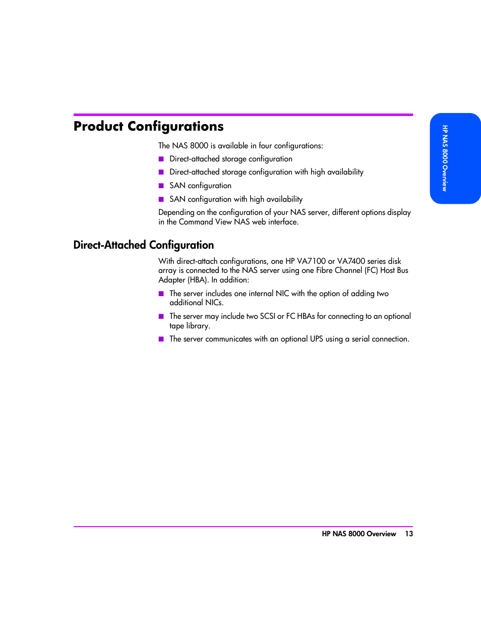 Product configurations, Direct-attached configuration, Product configurations 13 | Direct-attached configuration 13 | HP StorageWorks 8000 NAS User Manual | Page 15 / 240