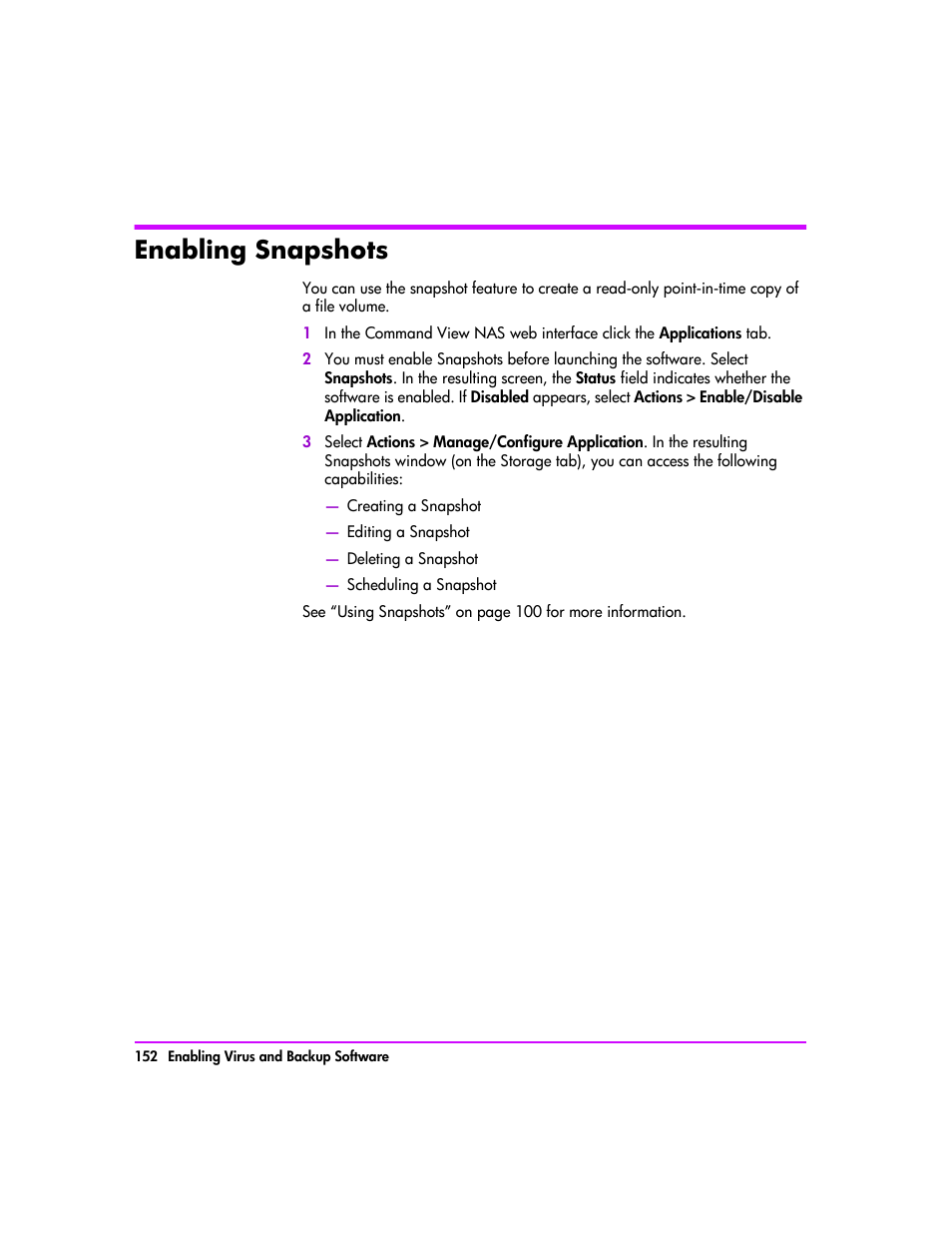 Enabling snapshots, Enabling snapshots 152 | HP StorageWorks 8000 NAS User Manual | Page 154 / 240